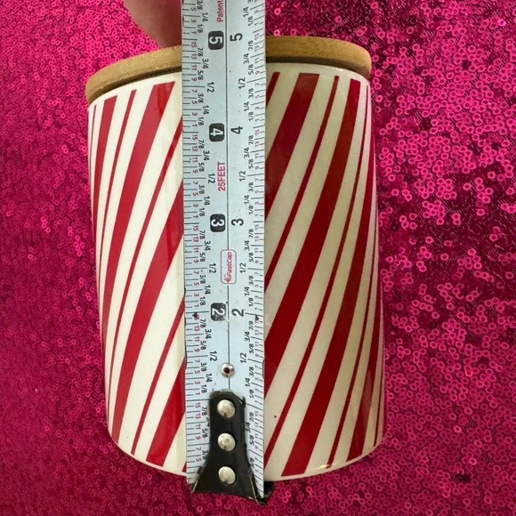2/for $20 🪩 Peppermint, Candy Cane Striped Ceramic Cookie Jar, Wooden Lid - Picture 7 of 8